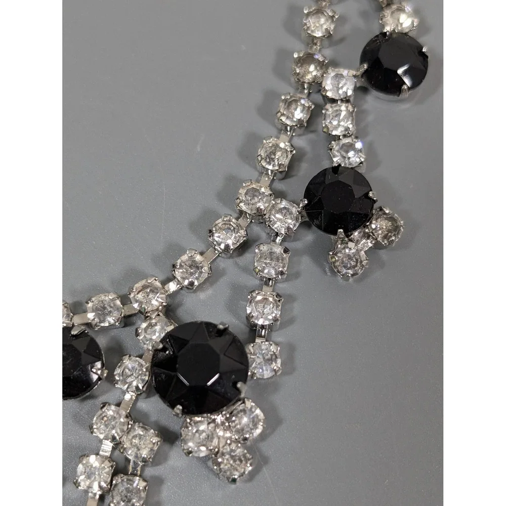 Vintage Black Clear Rhinestone Choker Necklace Silver‎ Tone Bib Statement 15